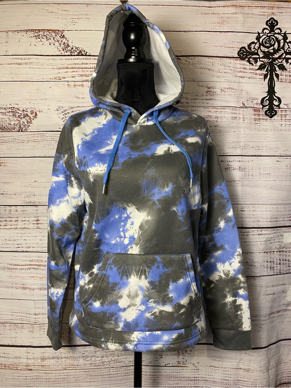 Tie-Dye Hoodie in Blue, Gray & White Kangaroo Pocket Sz-L